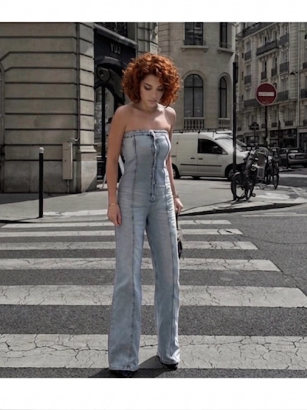 ZARA - women’s Denim strapless light wash blue jeans jumpsuit wide leg cotton M - Picture 4 of 11